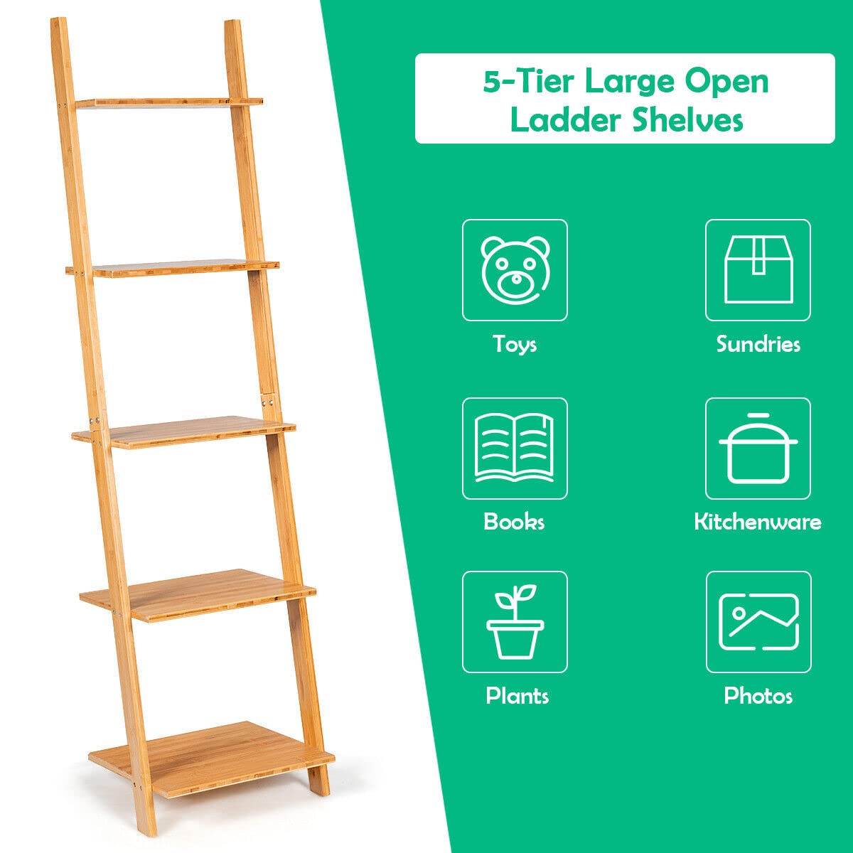 Giantex Ladder Shelf, 5-Tier Bamboo Storage Display Rack, Plant Stand Bookshelf, Wall Shelf for Living Room Kitchen, Leaning Against The Wall, Natural