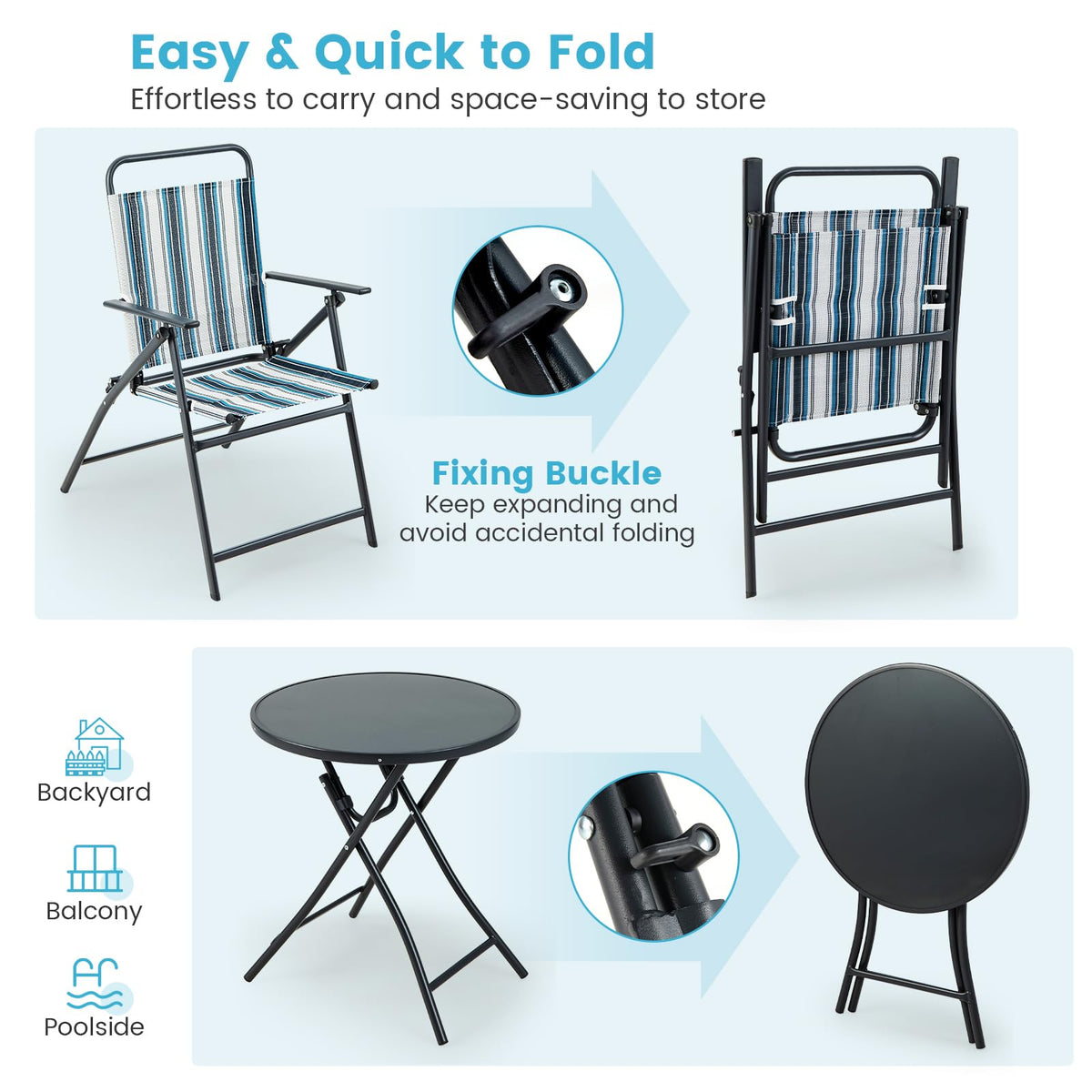 3 Piece Outdoor Folding Bistro Set with Folding Table for Outdoor/Indoor Use