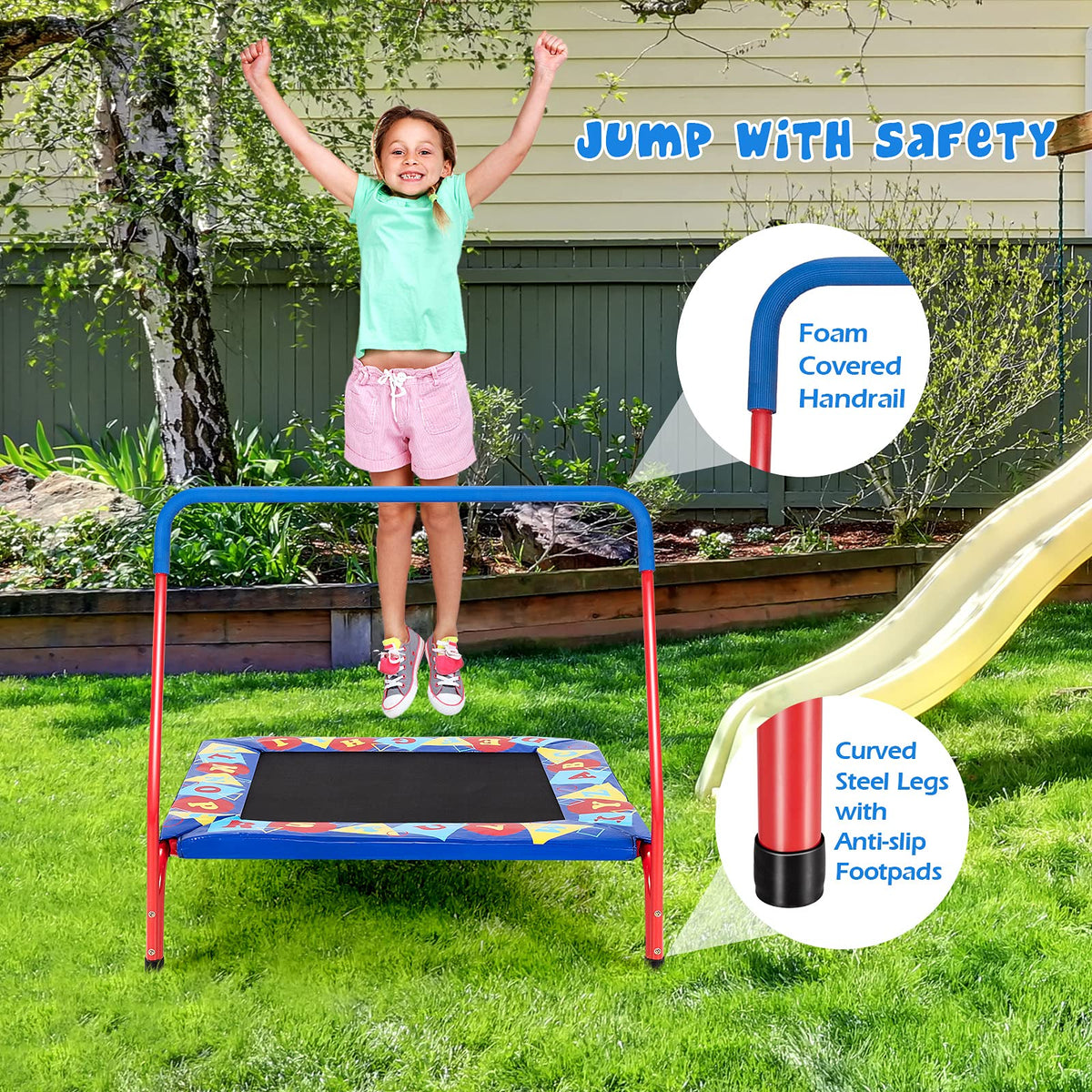 36” Square Toddler Trampoline, 150kg Load Mini Kids Trampoline W/Foam Covered Handle & Safety Padded Cover