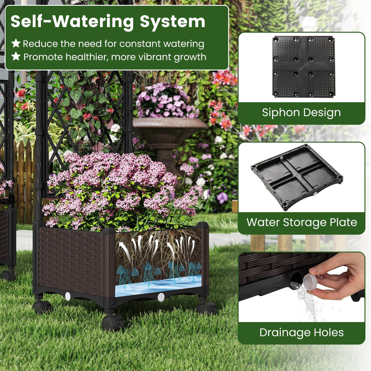 163cm Tall Self-Watering Planter Boxes with Lattice Trellis and Roof