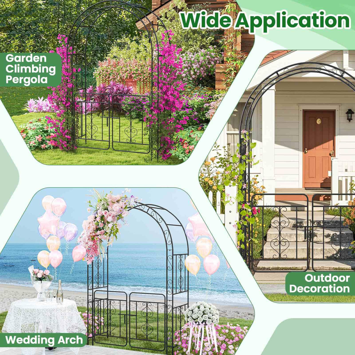 Garden Arbor with Gate, Garden Trellis Pergola w/Multiple Side Crossbars for Decoration