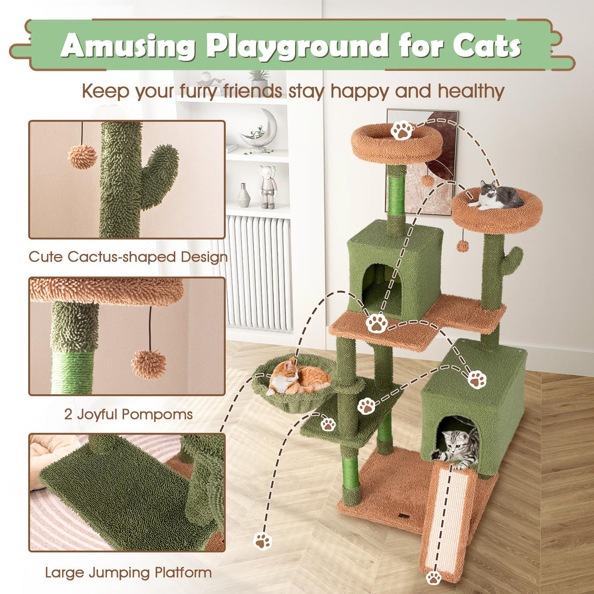 160cm Multi-level Cactus Cat Tree for Indoor Cats w/ Sisal Scratching Posts