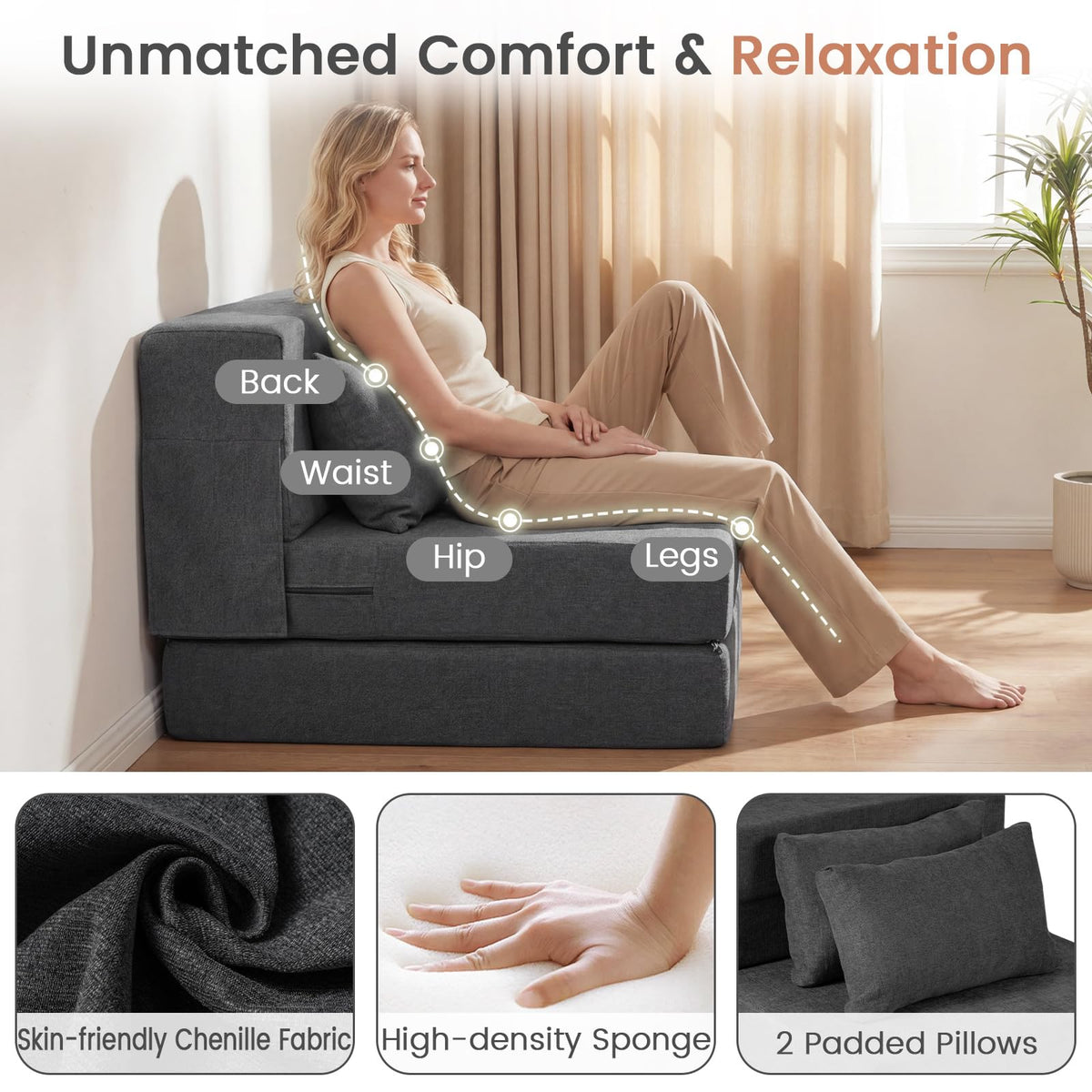 Giantex Folding Sofa Bed, 3-in-1 Convertible Sleeper Chair with 2 Pillows