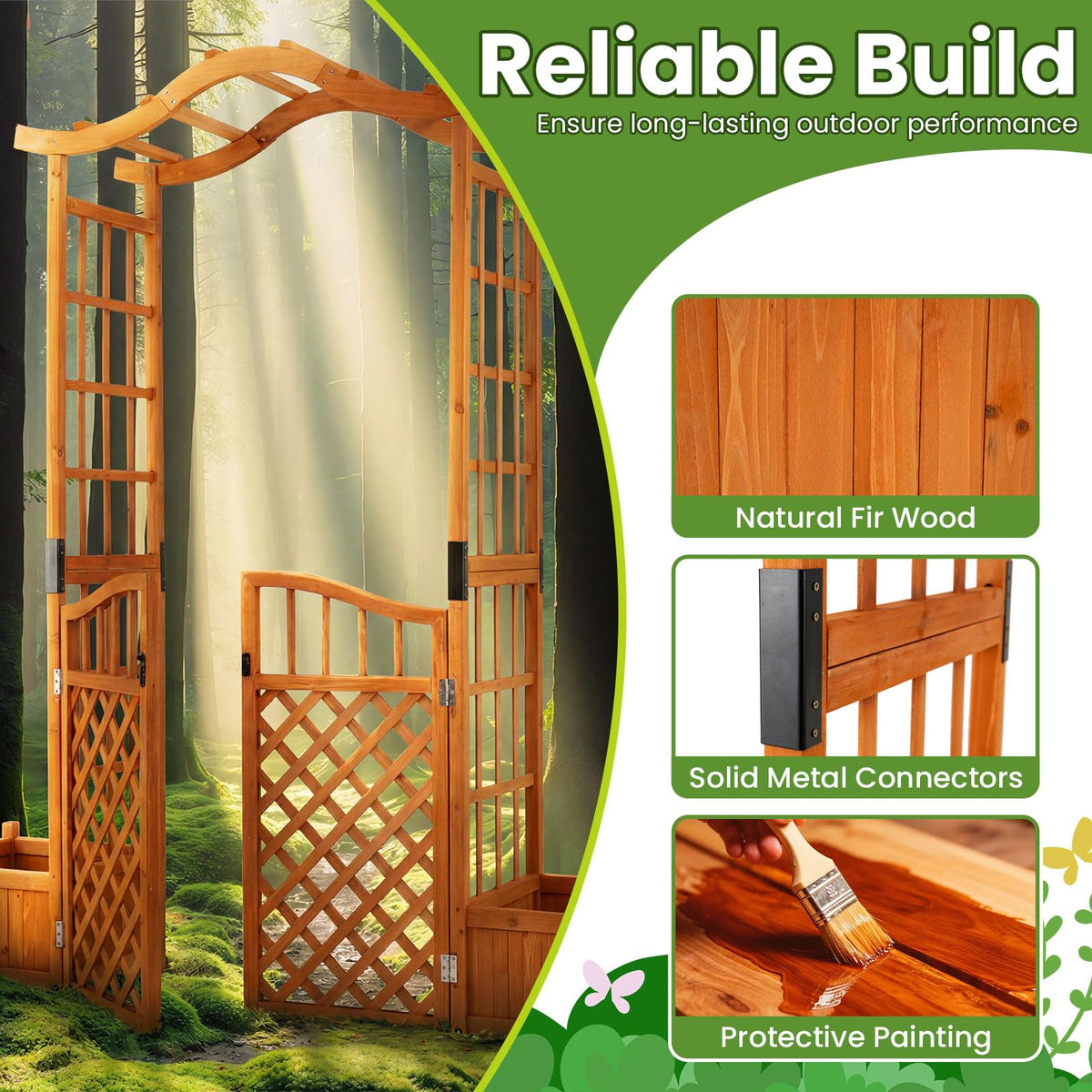 Garden Arbor with Gate and 2 Planter Boxes for Backyard