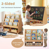 Double-Sided Kids Bookshelf on Wheels with Chalkboard and Open Cubes