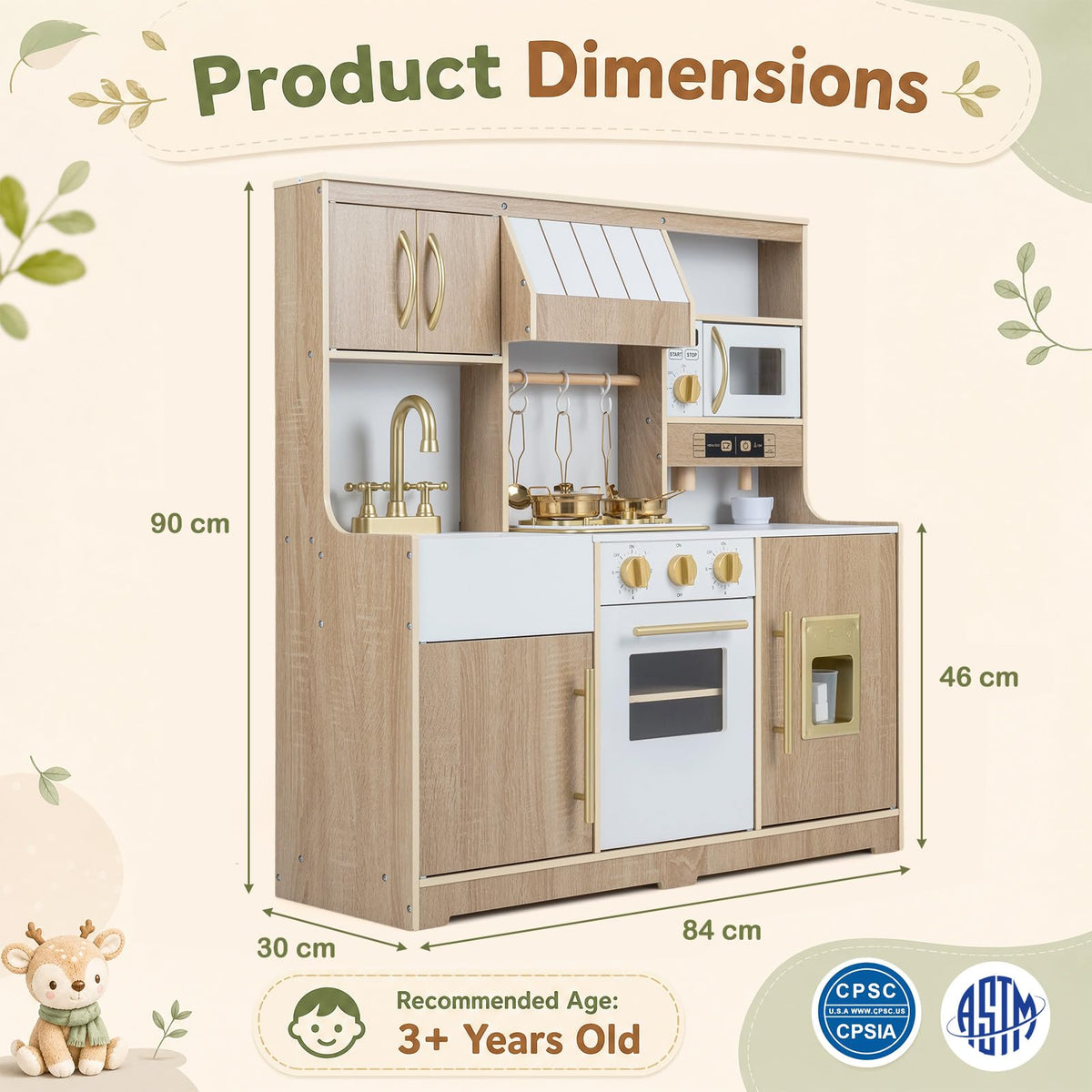 Wooden Play Kitchen with Lights & Sounds and Ice Maker Stove Sink for Toddlers Ages 3+