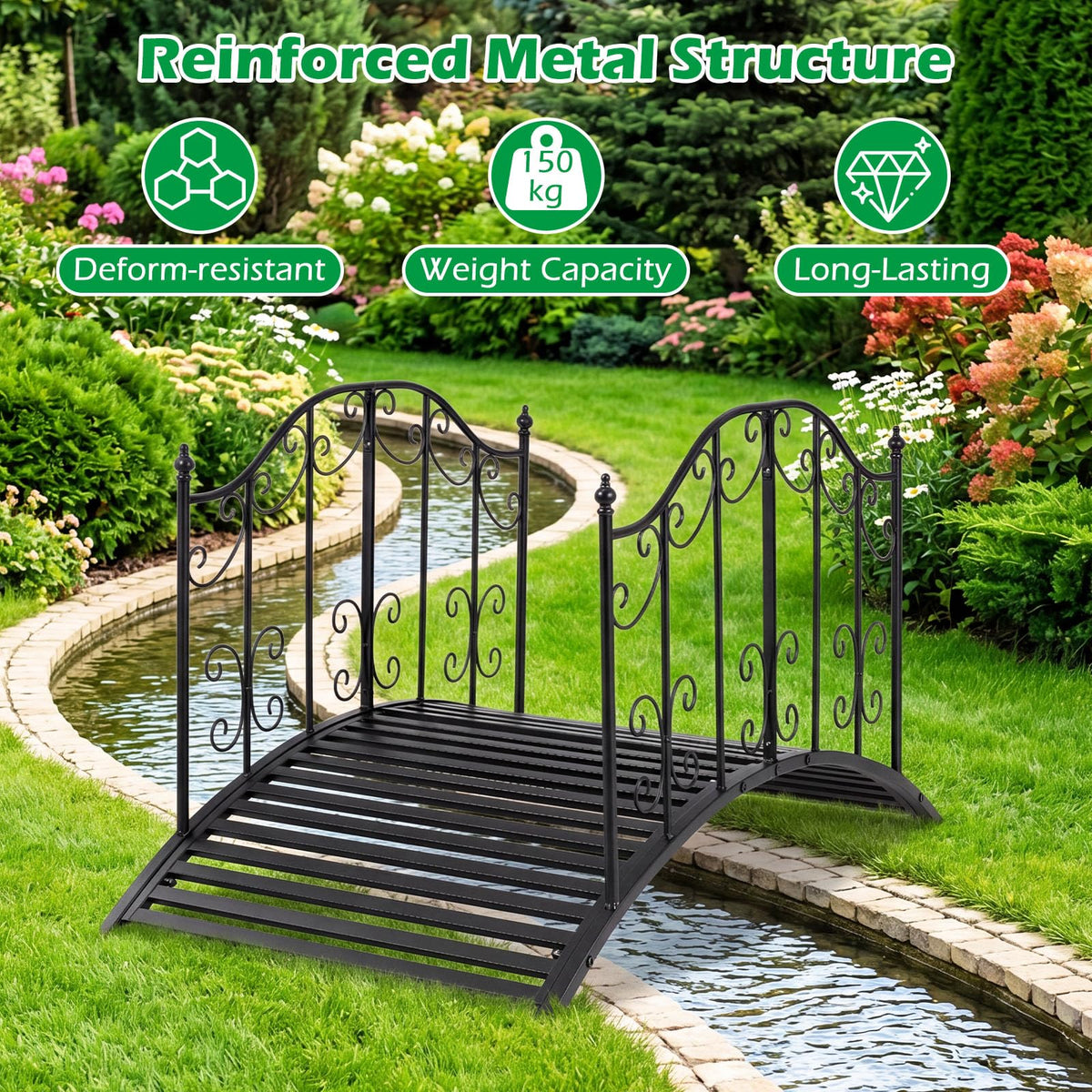 Garden Metal Bridge with Handrails, Outdoor Arched Bridge w/Dual Patterned Side Rails
