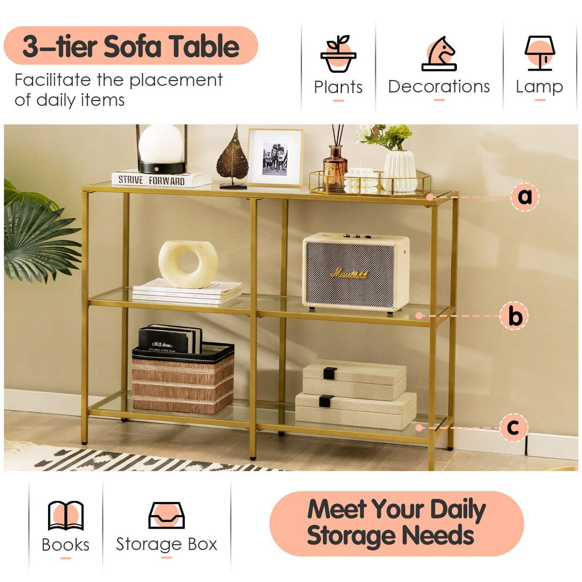 Giantex 3-Tier Glass Console Sofa Table, Narrow Couch Table with Tempered Glass Shelf & Gold Steel Frame