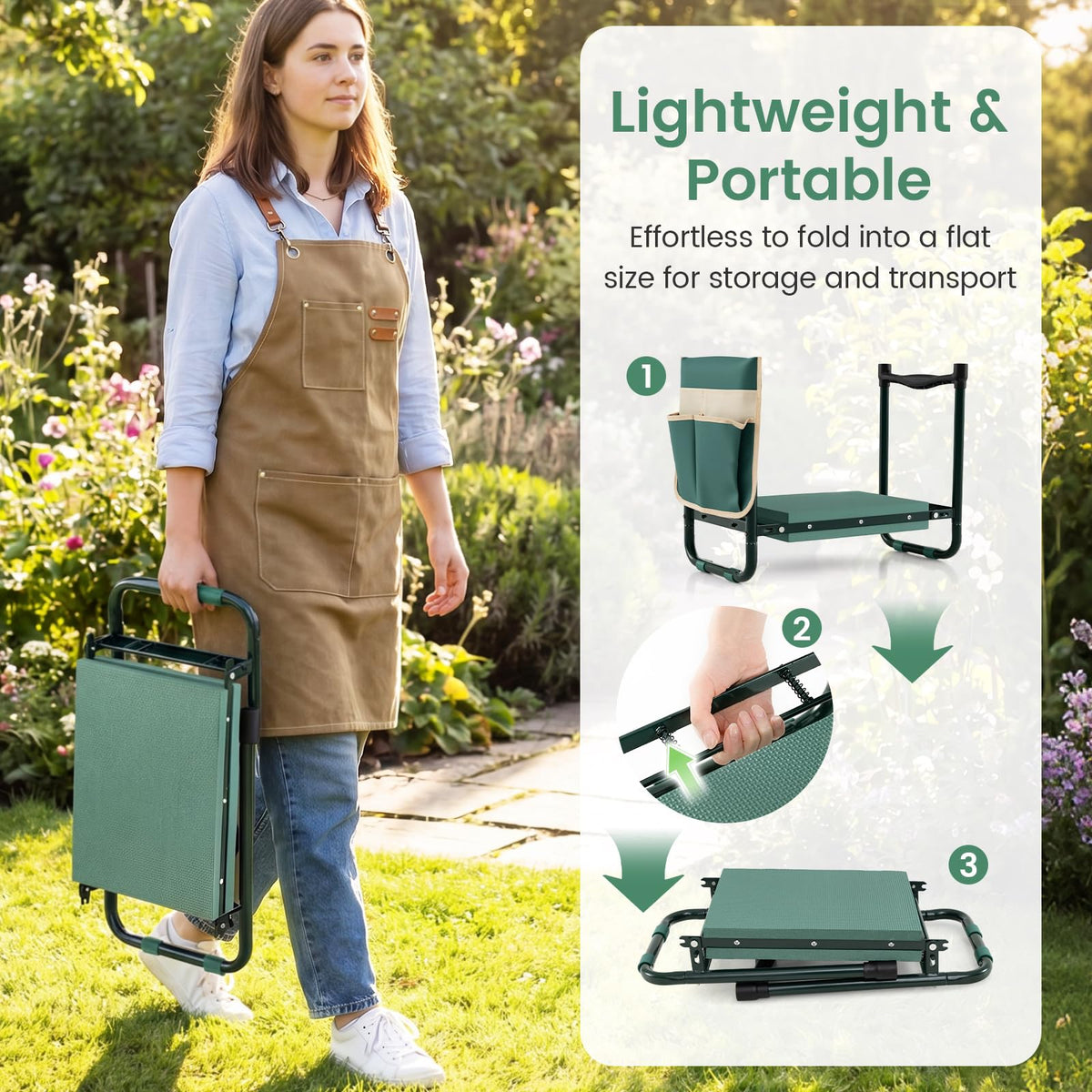 Foldable Garden Kneeler with Wide EVA Padding & Tool Pouch for Gardening