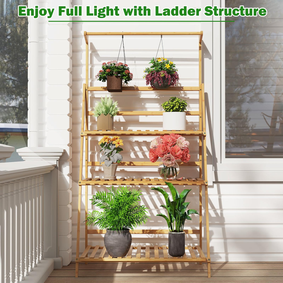 3 Tier Bamboo Ladder Plant Pot Stand with Height Adjustable Hanger Rod