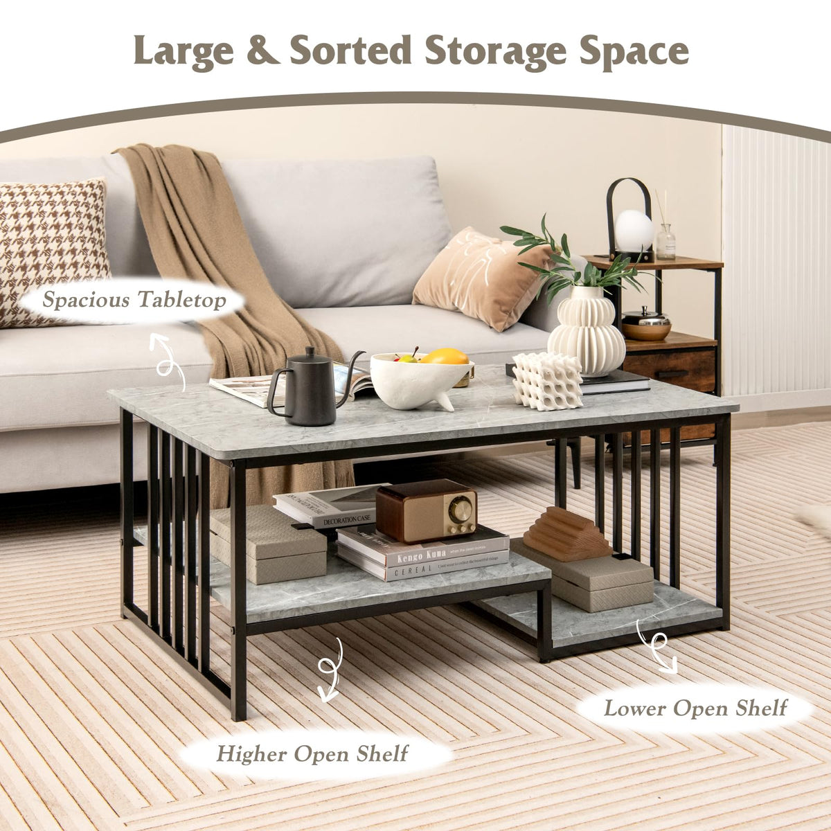 Giantex Faux Marble Coffee Table, Rectangular 2-Tier Center Table with ...