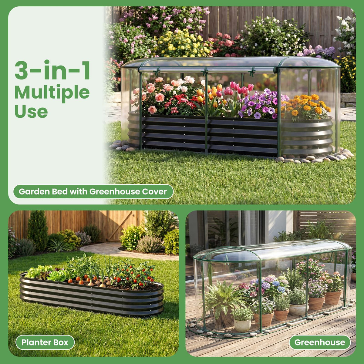 Galvanised Raised Garden Bed with Greenhouse Cover and Roll-up Window