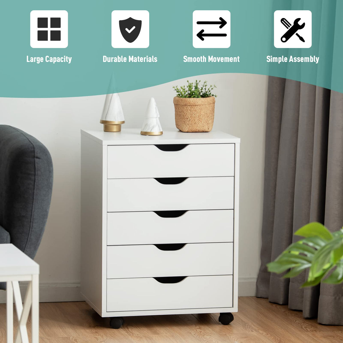 5-Drawer File Cabinet, Side Cabinet File Pedestal w/ 4 Castors – Giantex.au