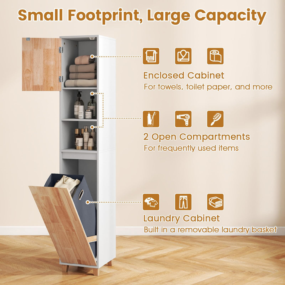 Tall Bathroom Storage Organizer Unit with Rubber Wood Doors