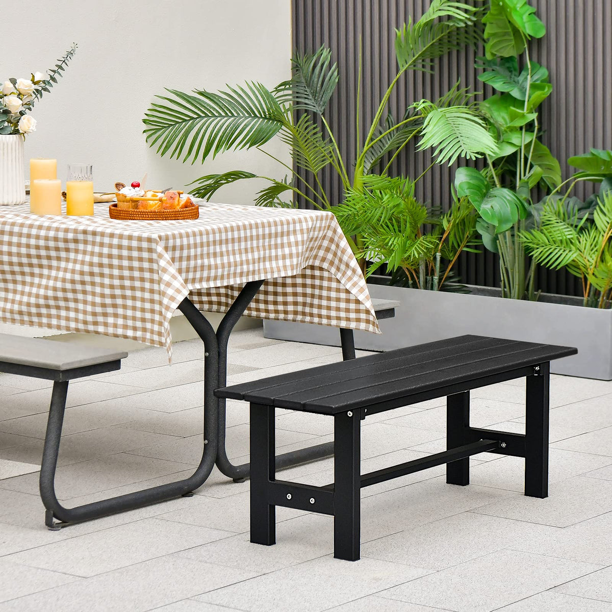 2-Person HDPE Outdoor Bench Garden Seating Iron Frame Dining Chair