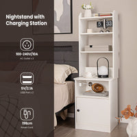 Giantex Nightstand with Charging Station, Bedside Table with 6-Level Adjustable Shelves, End Side Table & Bookshelf