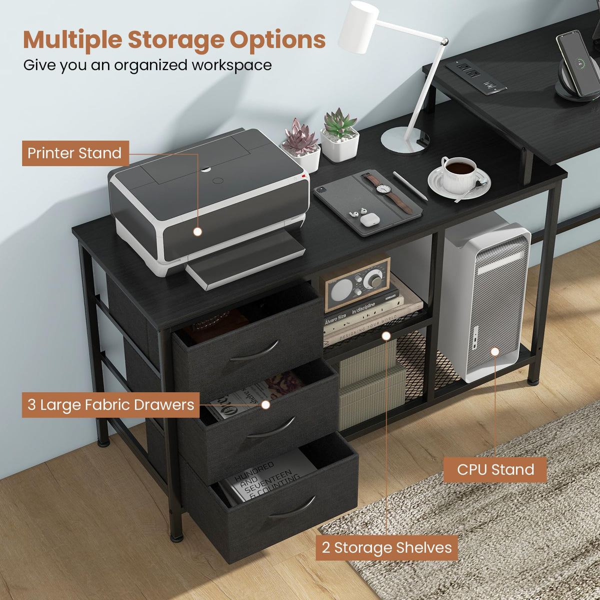 Giantex L-Shaped Computer Desk with Power Outlet, Convertible Corner Desk with 3 Fabric Drawers & Metal Mesh Shelves