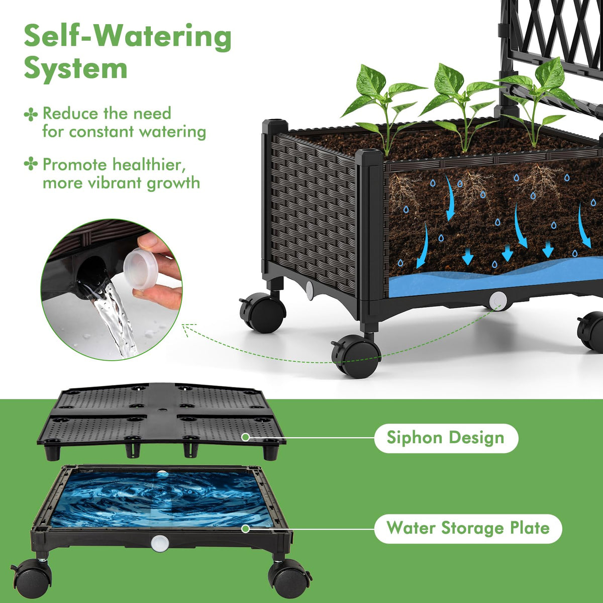 Self-Watering Planter Boxes w/Lattice Trellis & Roof
