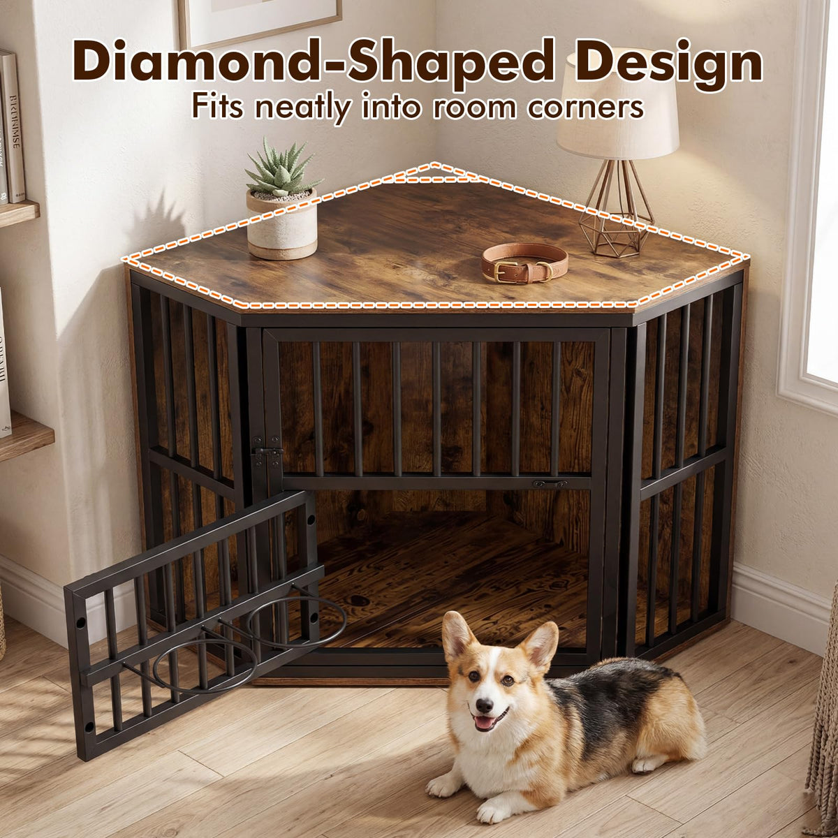 Corner Dog Crate 2-in-1 Kennel and TV Stand with Adjustable Dog Bowl Rack