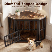 Corner Dog Crate 2-in-1 Kennel and TV Stand with Adjustable Dog Bowl Rack