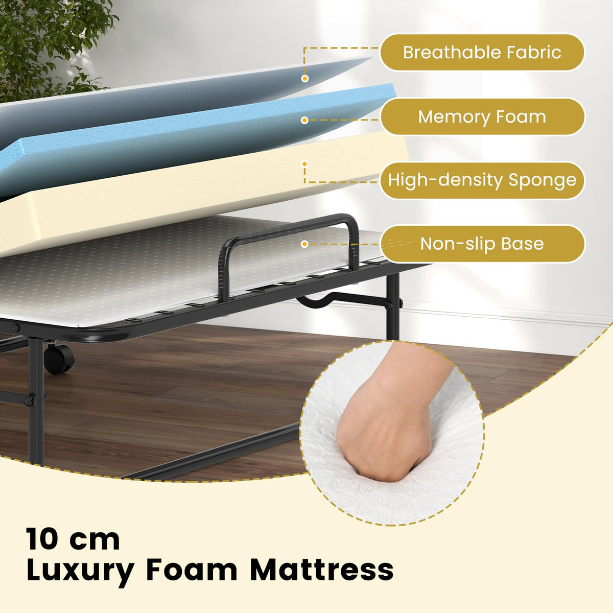 Twin Size Folding Bed, Rollaway Guest Bed with Memory Foam Mattress