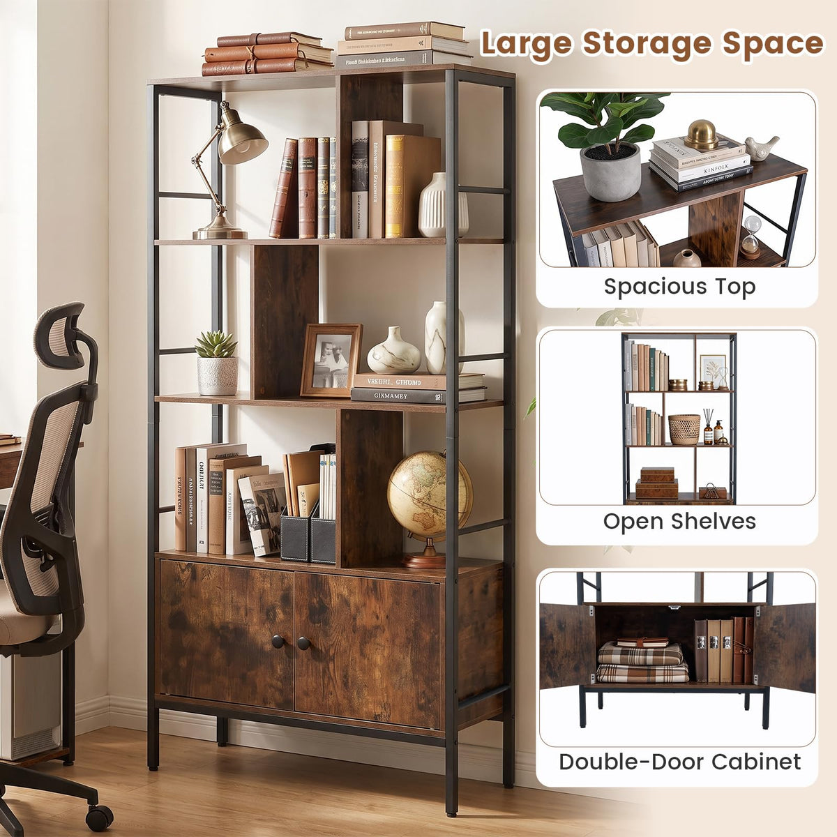 Industrial Tall Bookshelf with 3-Tier Shelves and 2-Door Cabinet for Living Room