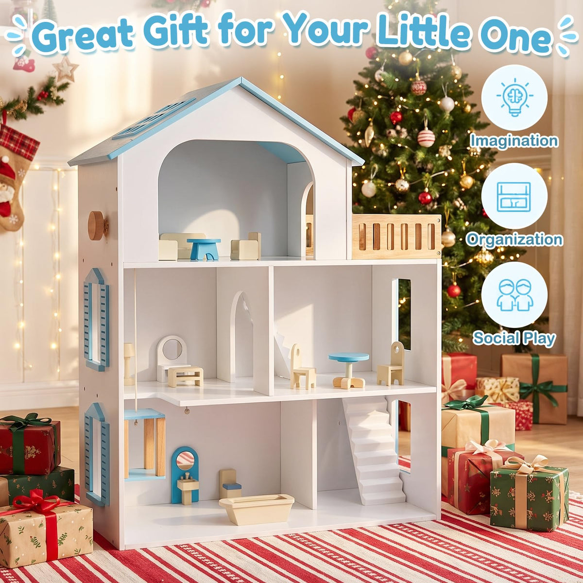 3-Story Wooden Dollhouse Playset for Kids
