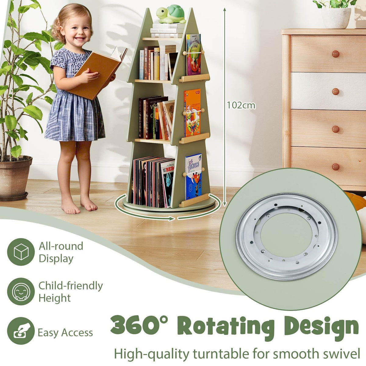 4-Tier Tree Shape Wooden Kids Rotating Bookshelf for Classroom Playroom Bedroom