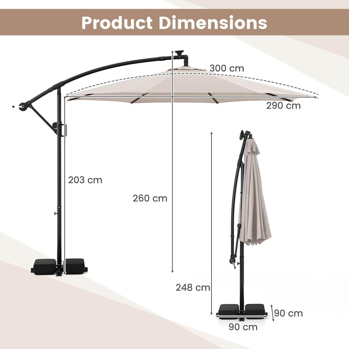 3 m Solar Offset Hanging Umbrella w/Base