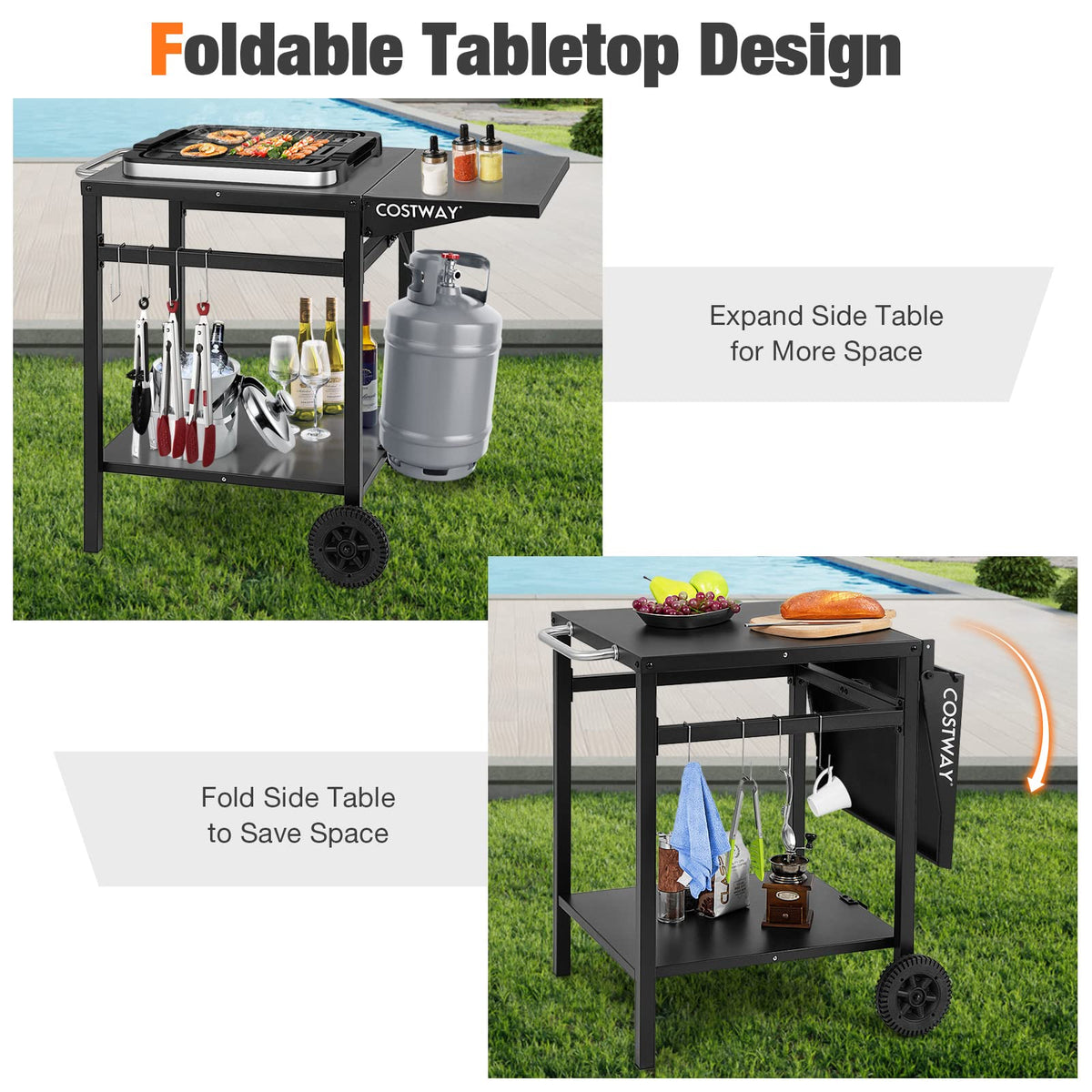 Movable Dining Cart Table, Double-Shelf Trolley with Folding Tabletop