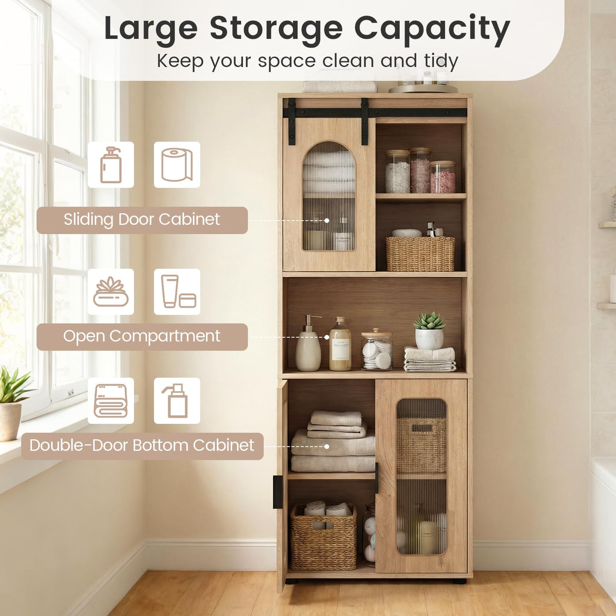 Farmhouse Bathroom Floor Cabinet with Sliding Barn Door and Shelves