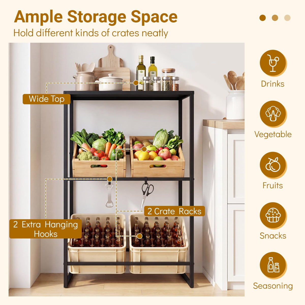 Giantex 3-Tier Drink Crate Shelf, Heavy-duty Metal Storage Rack with 2 Hanging Hooks