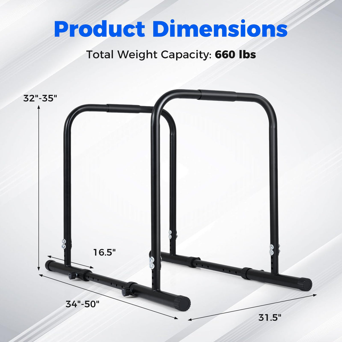 Adjustable Dip Bar, Heavy Duty Parallette Push Up Stand with 660 LBS Capacity, Anti-Slip Foam Grips