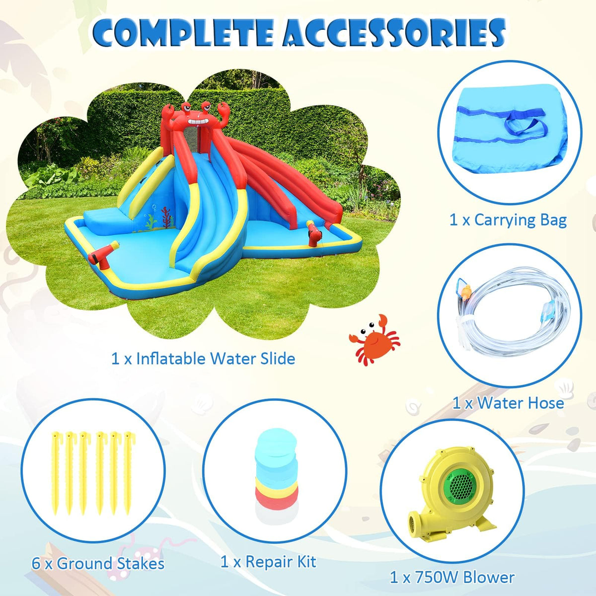 Inflatable Water Slide, 7 in 1 Giant Water Park Double Long Slide w/Splash Pool, Tunnel Adventure (with 750W Blower)