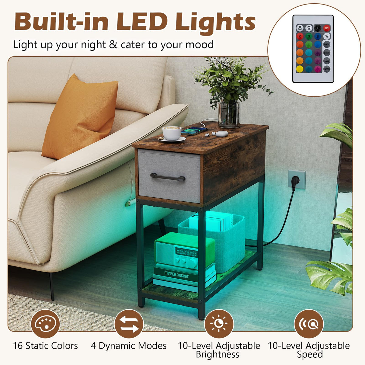 Narrow Side Table with Charging Station and LED Lights for Small Spaces and Living Room