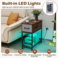 Narrow Side Table with Charging Station and LED Lights for Small Spaces and Living Room