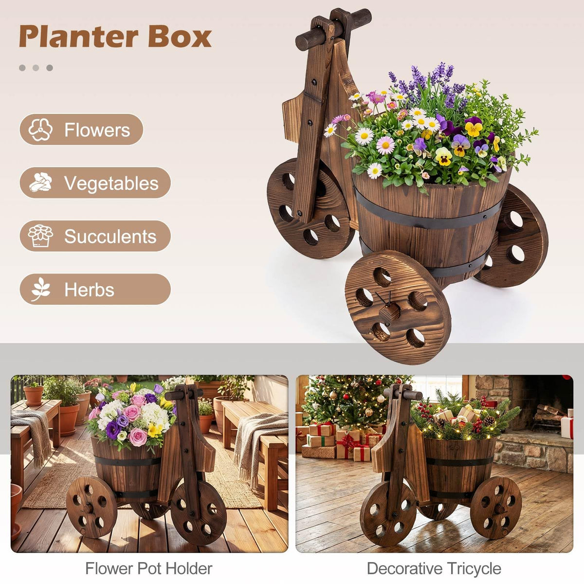 Barrel Flower Cart Planter with Drainage Hole for Growing Vegetables Herbs