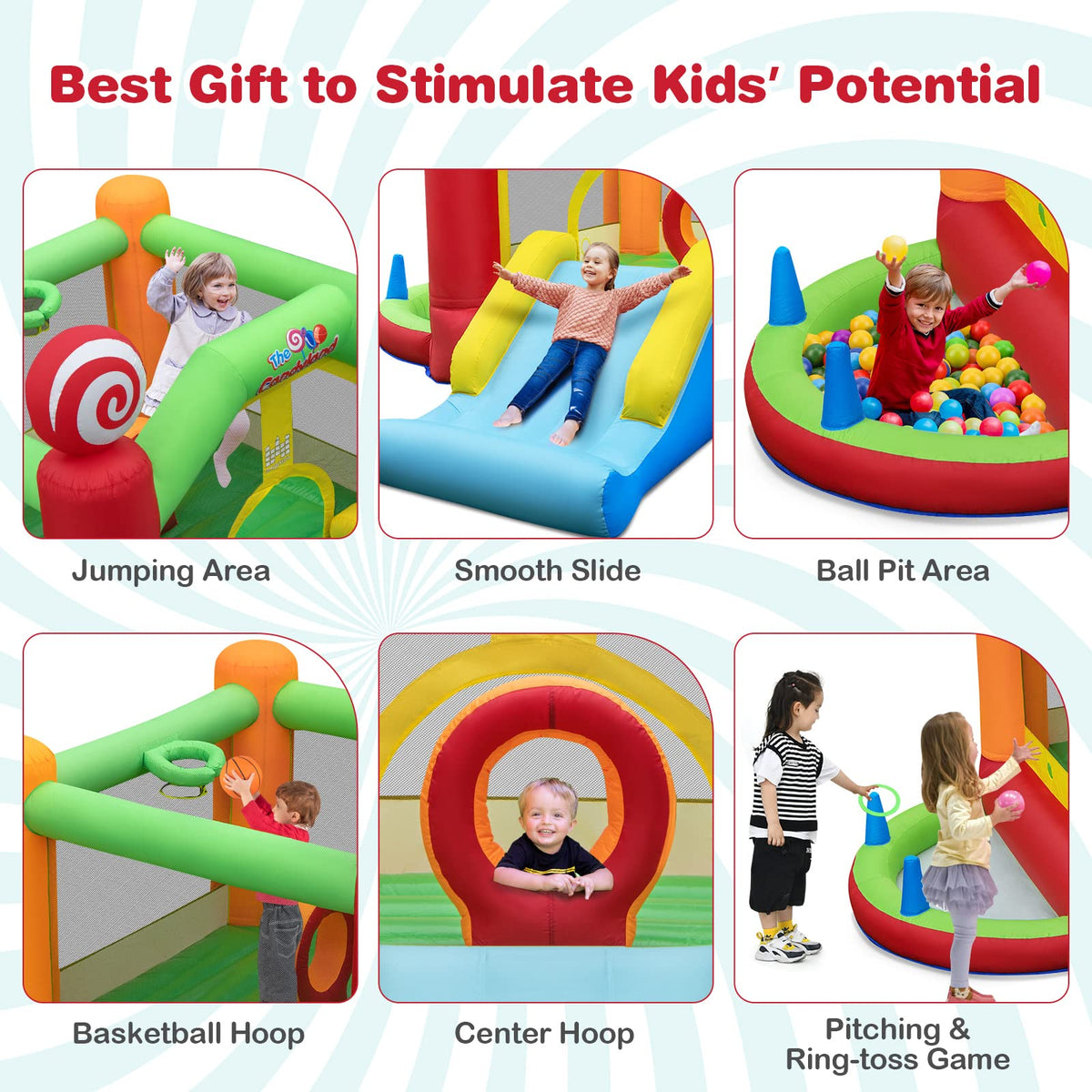 Kids Inflatable Bounce House, Candy Theme Jumping Castle w/Jumping Area with 680W Blower