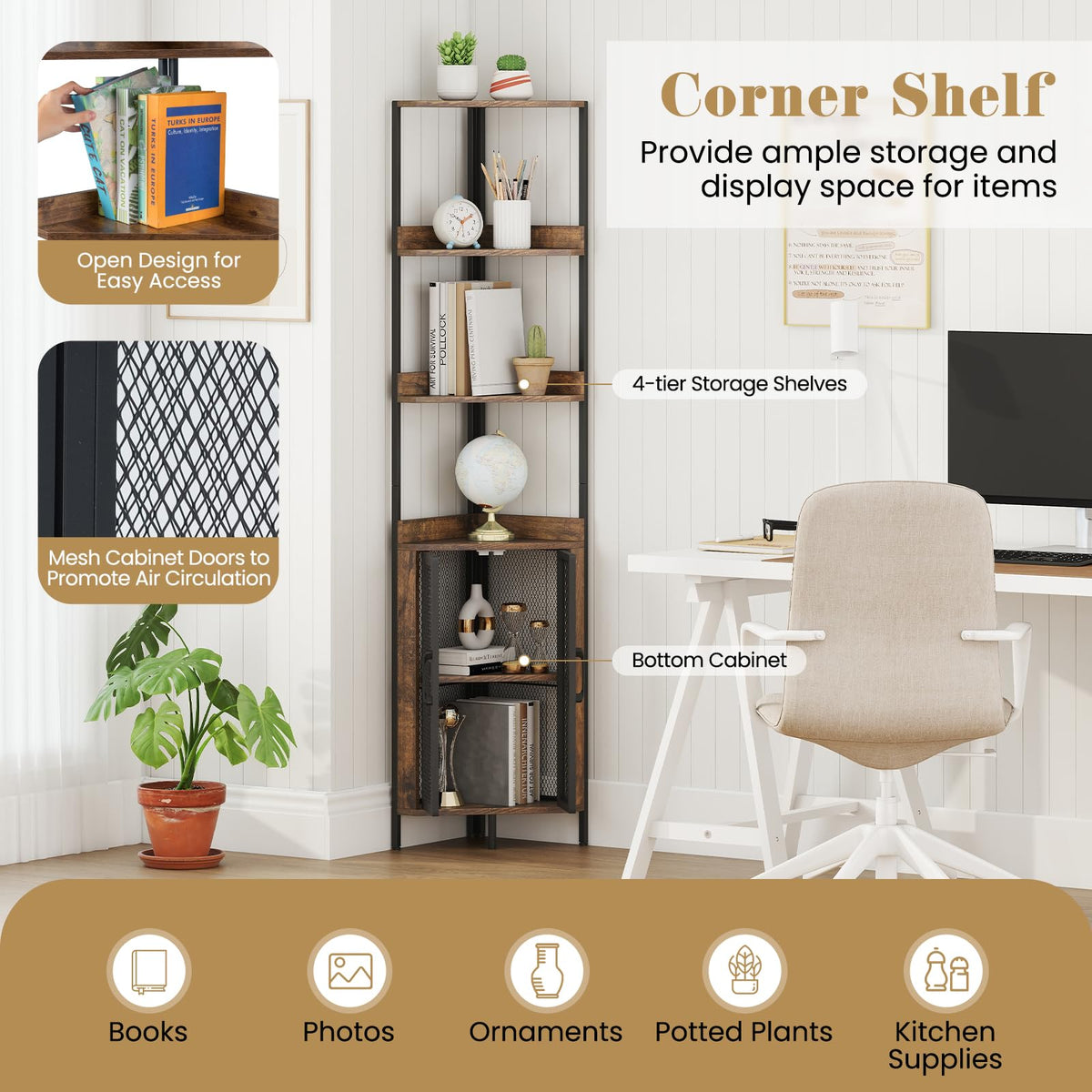 170cm Tall Corner Bookshelf with Cabinet and Doors for Living Room and Bedroom