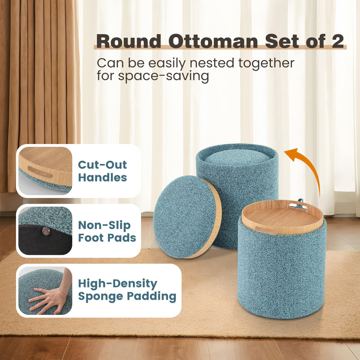 Giantex Round Ottoman Set of 2, Upholstered Storage Ottoman