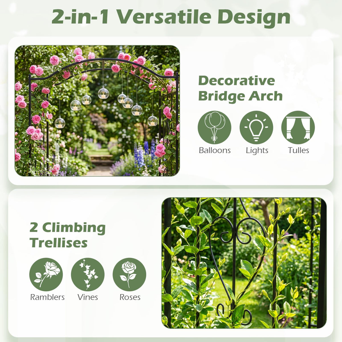230cm Heavy-Duty Metal Arch Trellis with Curved Roof for Climbing Plants Roses Vines