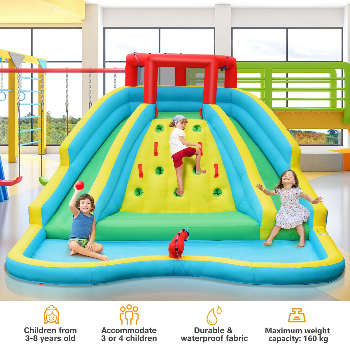 Inflatable Water Slide, 452 x 365 x 233CM Giant Water Park for Kids w/Double Long Slides, Climbing Wall(with 680W Blower)