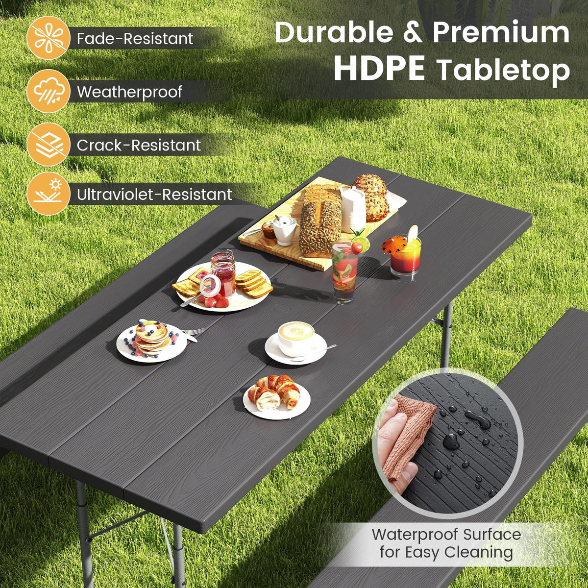Folding Picnic Table with 2 Benches with Metal Frame and All-Weather HDPE Tabletop