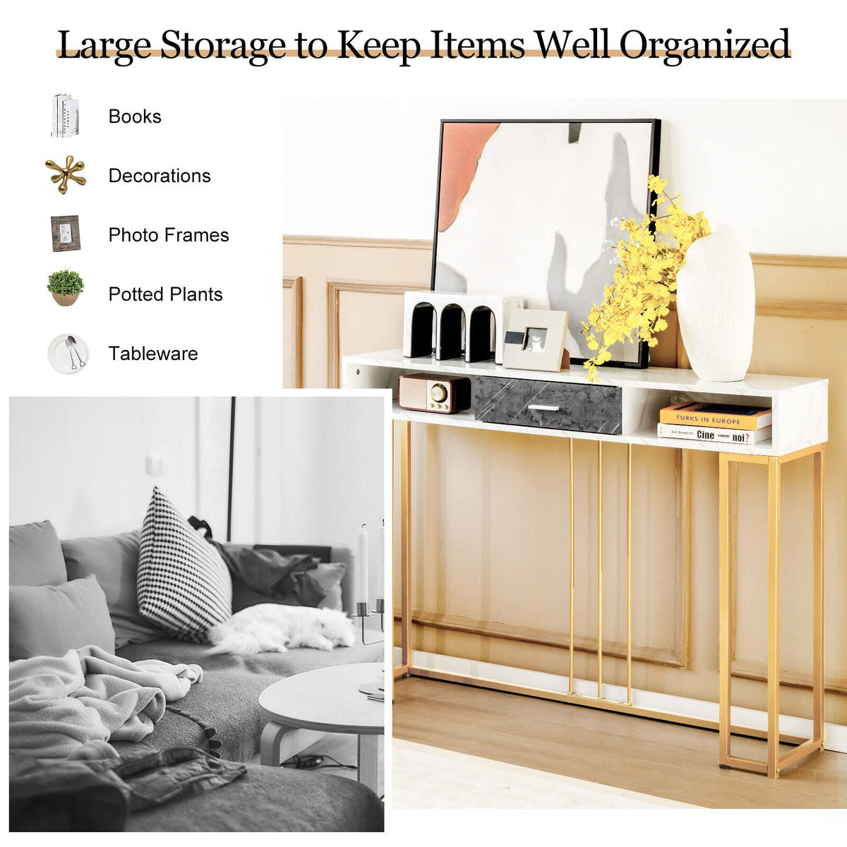 Giantex 2-Tier Faux Marble Console Table, Sofa Side Table w/Golden Steel Frame & Drawer, White