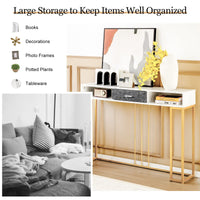 Giantex 2-Tier Faux Marble Console Table, Sofa Side Table w/Golden Steel Frame & Drawer, White