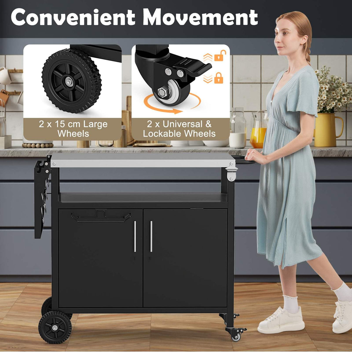 Grill Cart with Storage Outdoor Kitchen Island with Folding Stainless Steel Top