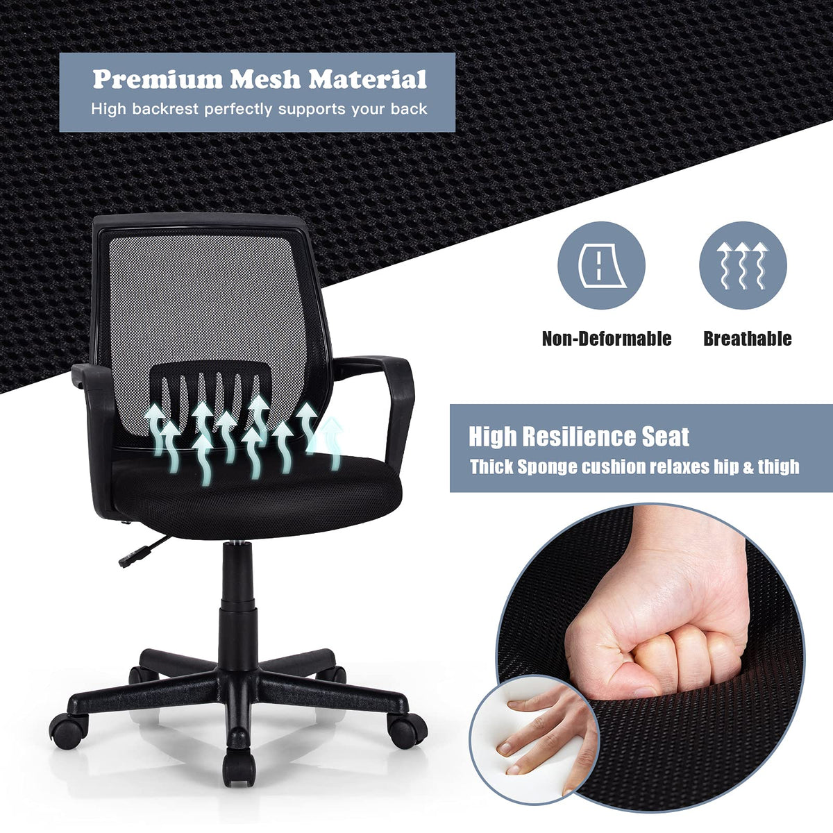 Giantex Mesh Office Chair, Ergonomic Mid-Back Computer Chair w/Large Size Seat, Black