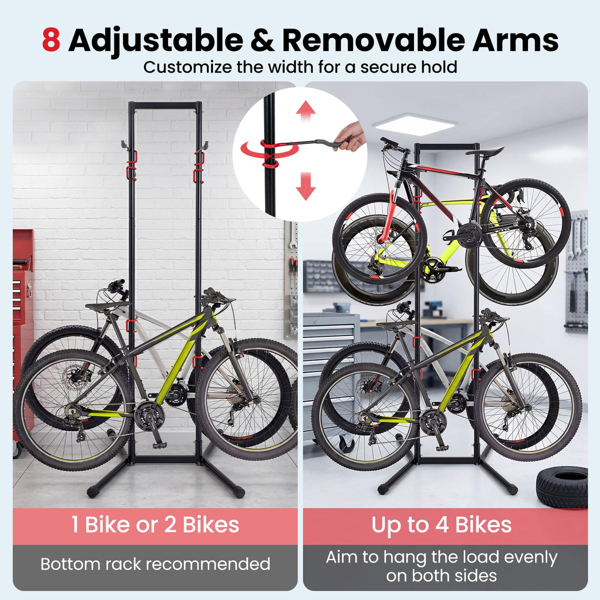 4 Bike Storage Rack, Adjustable Bicycle Rack for Garage