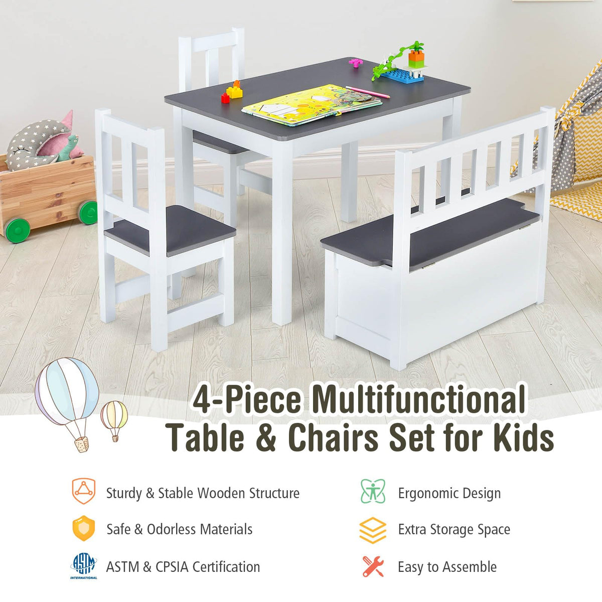 4-Piece Kids Table and Chair Set, Wood Activity Table with Toy Storage Bench