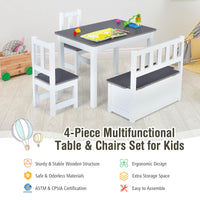 4-Piece Kids Table and Chair Set, Wood Activity Table with Toy Storage Bench